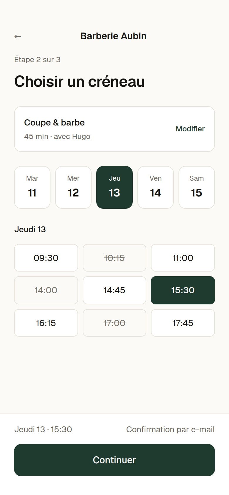 Réservation en ligne : choix du jour et du créneau.