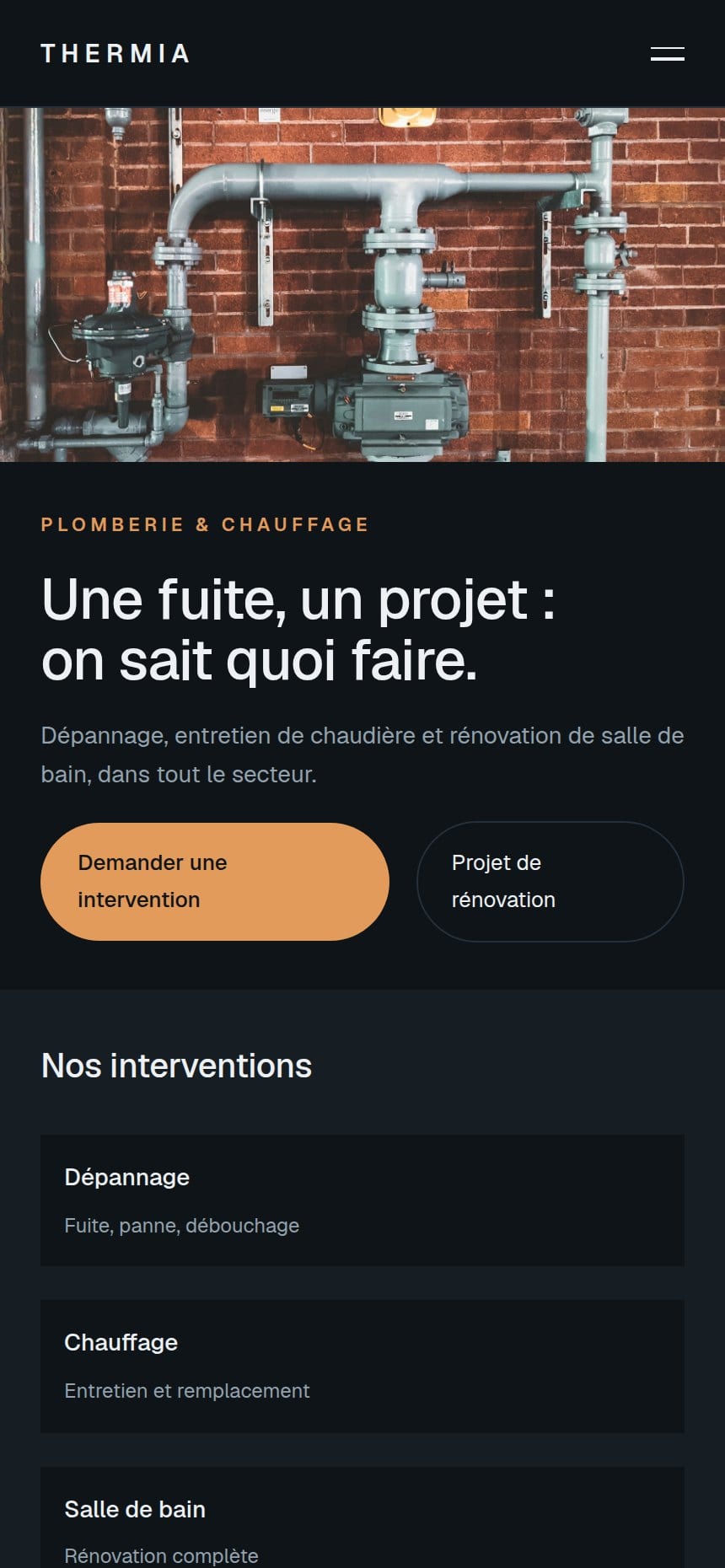 Version mobile du concept Thermia (plomberie et chauffage).