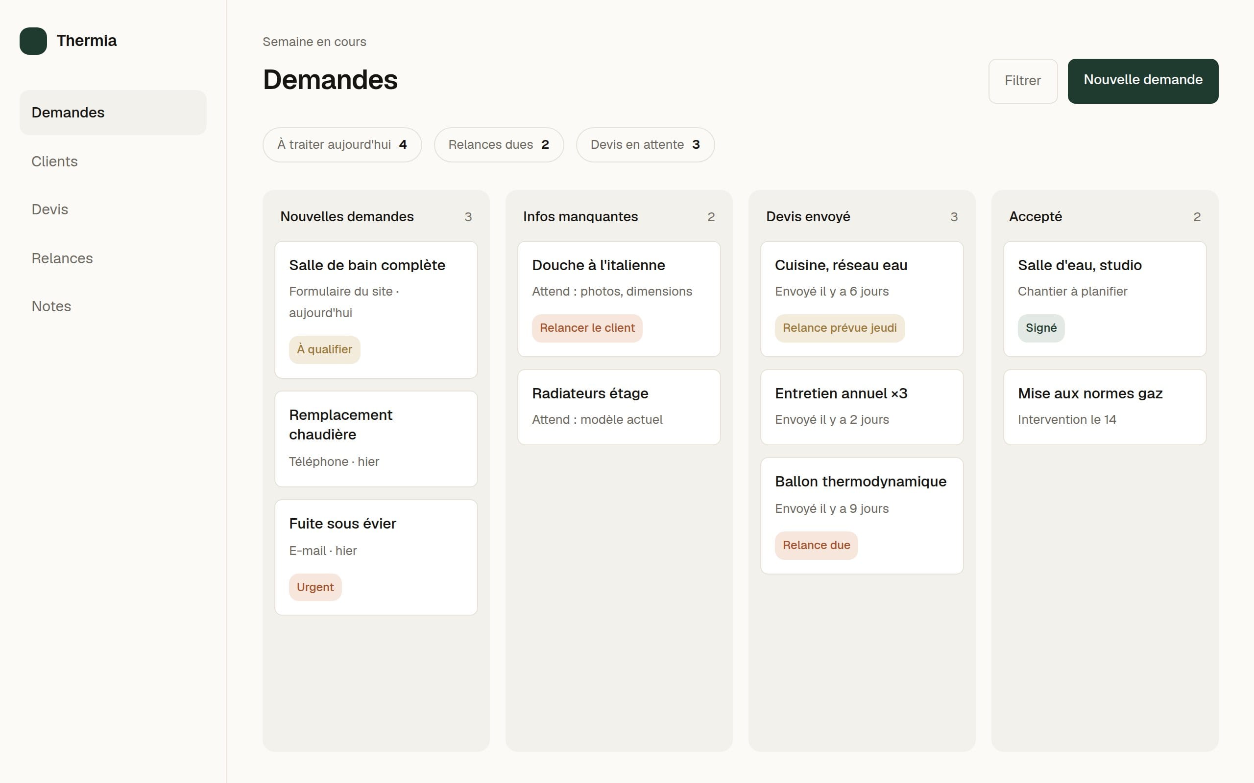 Tableau de suivi des demandes et des devis, classés par étape.