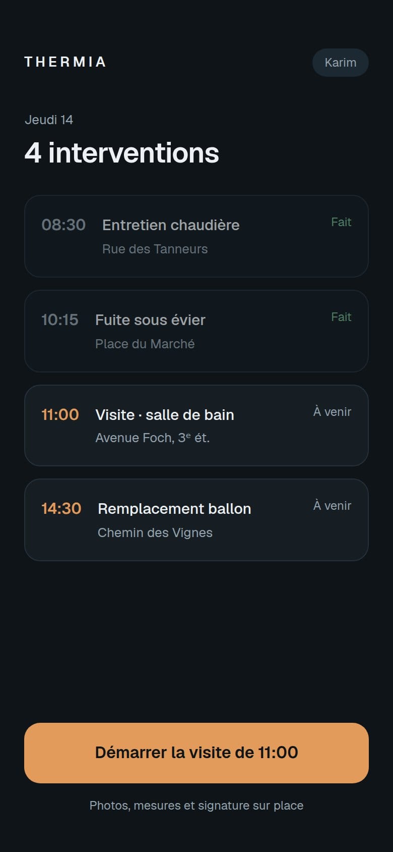 Application des techniciens : interventions du jour.